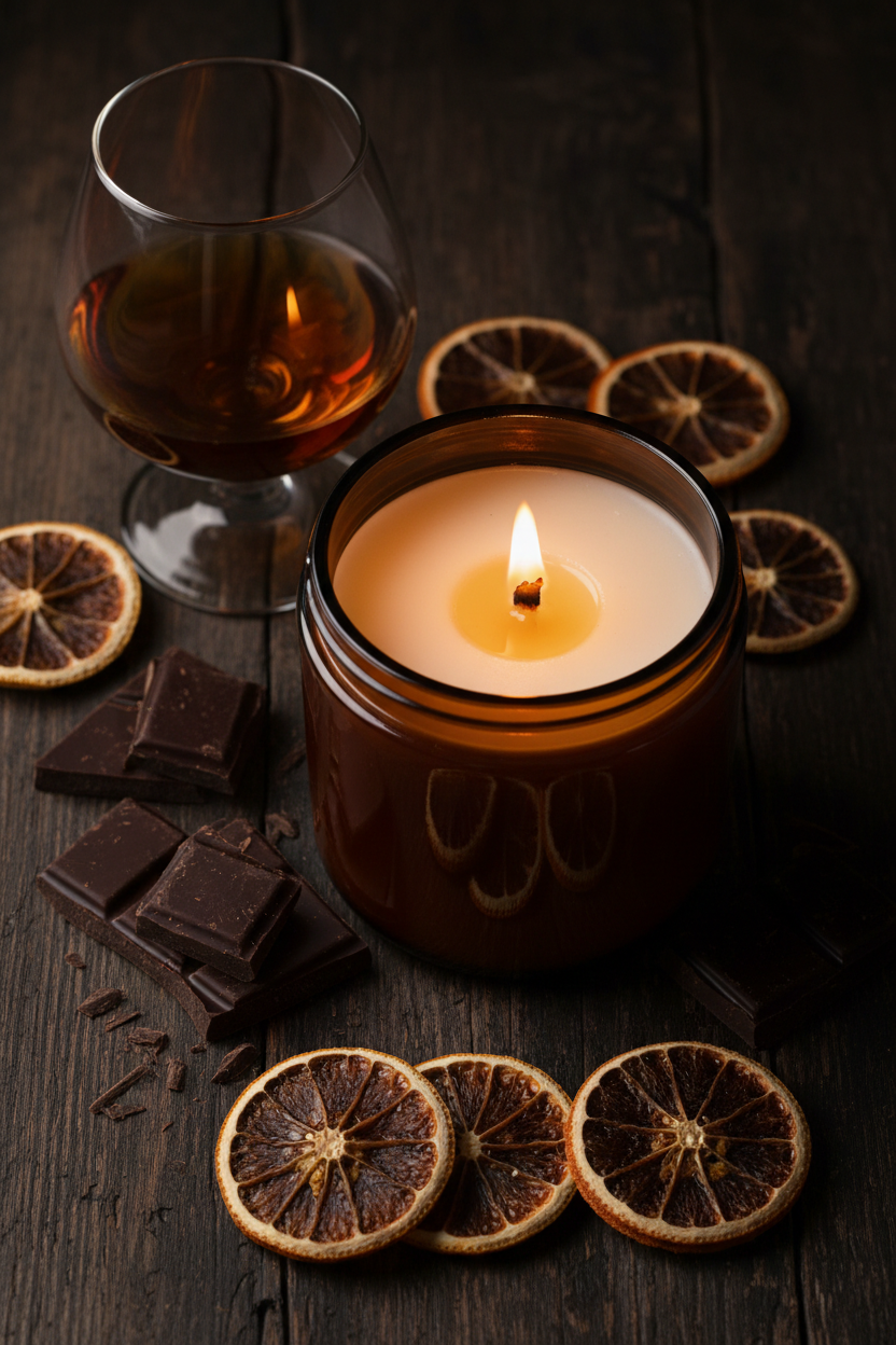 Sipp'n Cognac soy candle lifestyle flat lay with chocolate and cognac glass