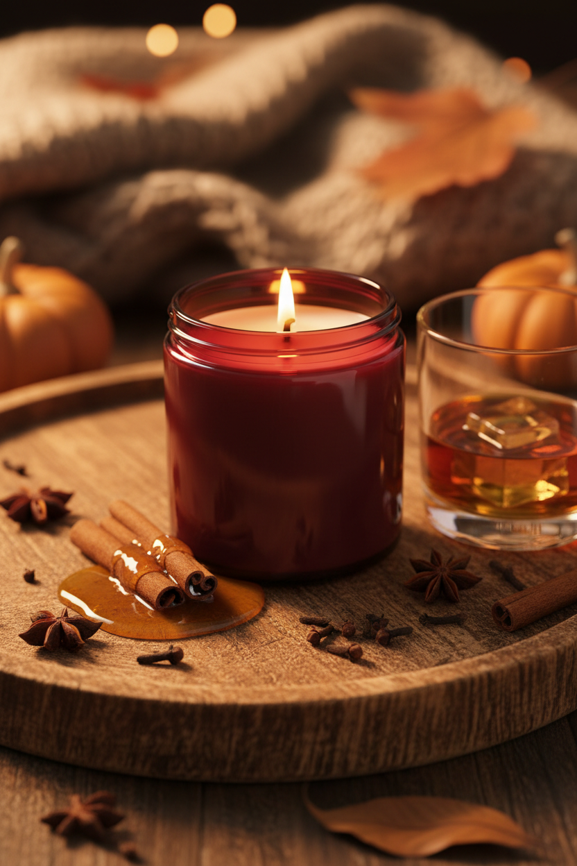 Honey I'm Smooth Like Bourbon soy candle lifestyle scene with honey and bourbon glass